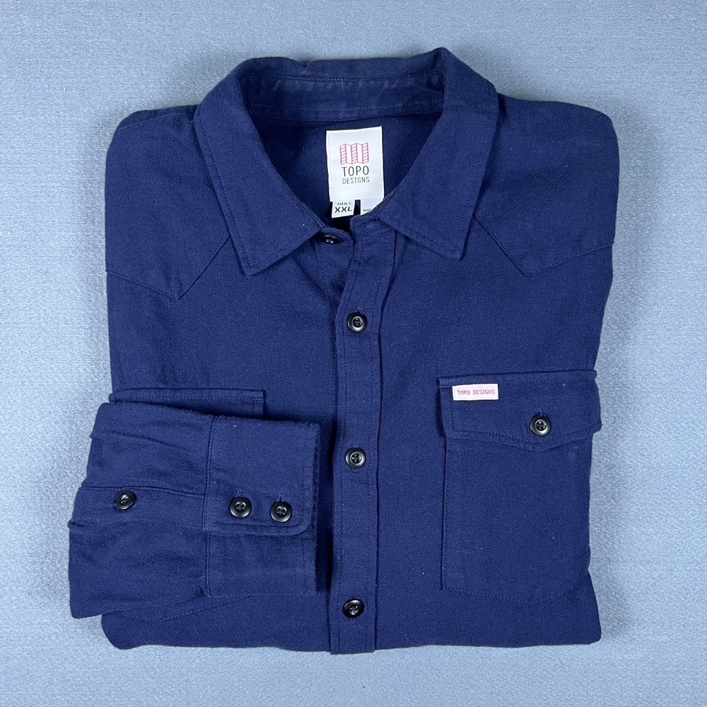 Topo Designs Mens XXL Navy Blue Western Flannel Long Sleeve Button Front Shirt